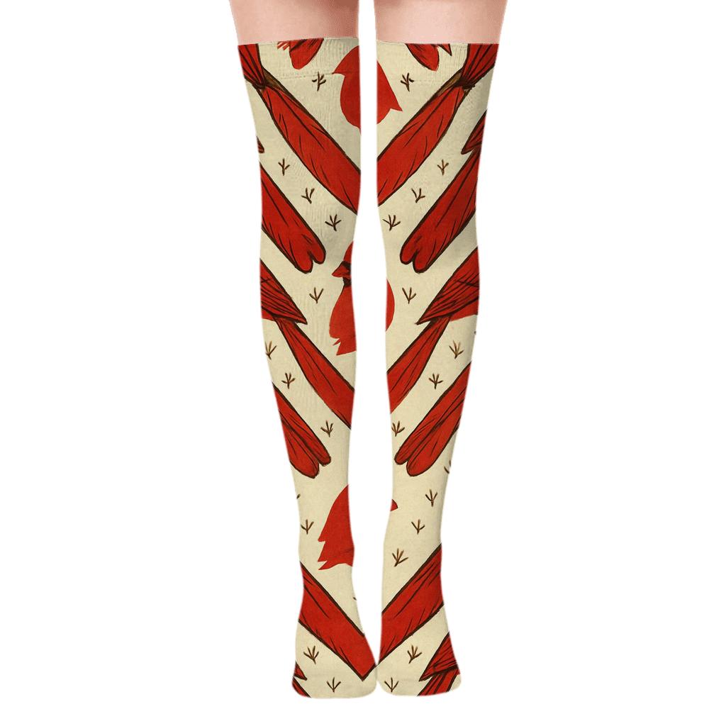 Cardinal Scarlet Feather Chevron On Warm Ivory Background unique graphic over-the-knee socks
