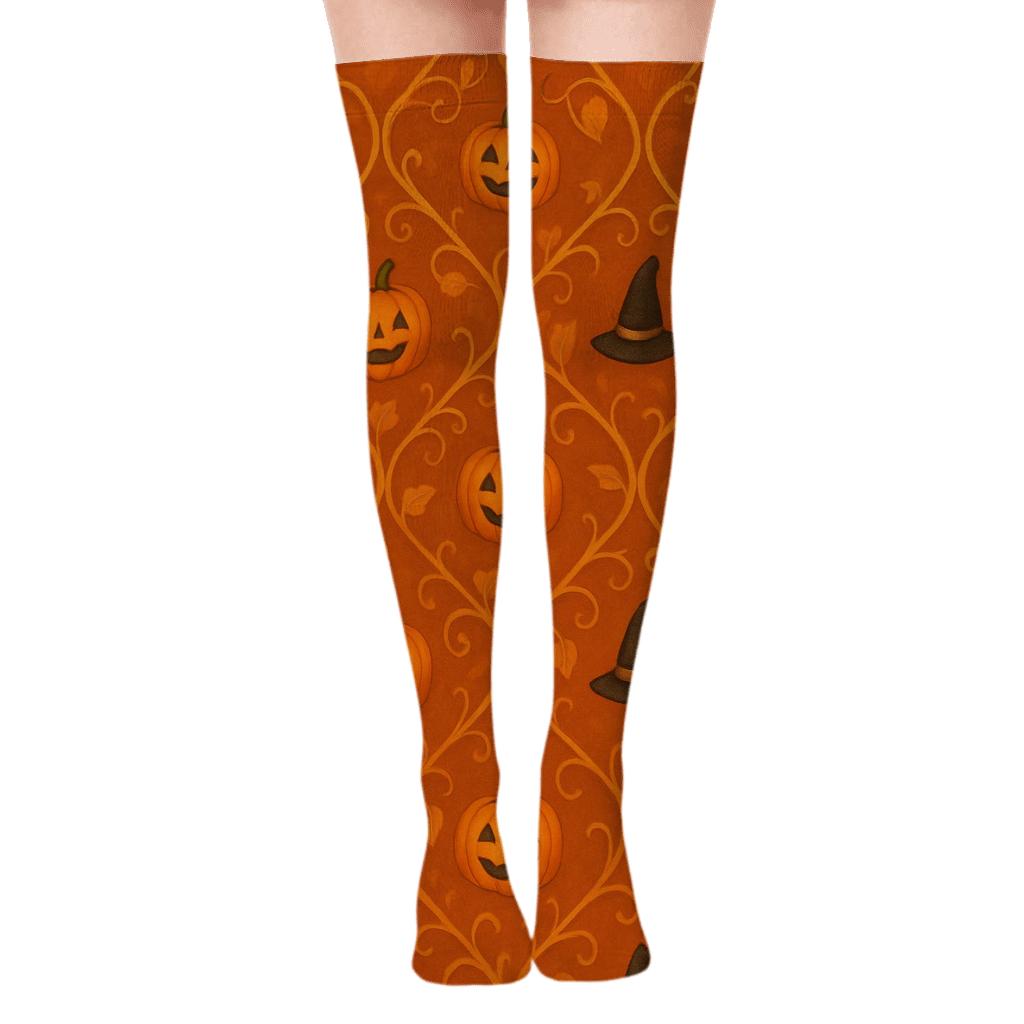 Pumpkin Vine Trellis Lattice On Orange Background comfortable cotton over-the-knee socks