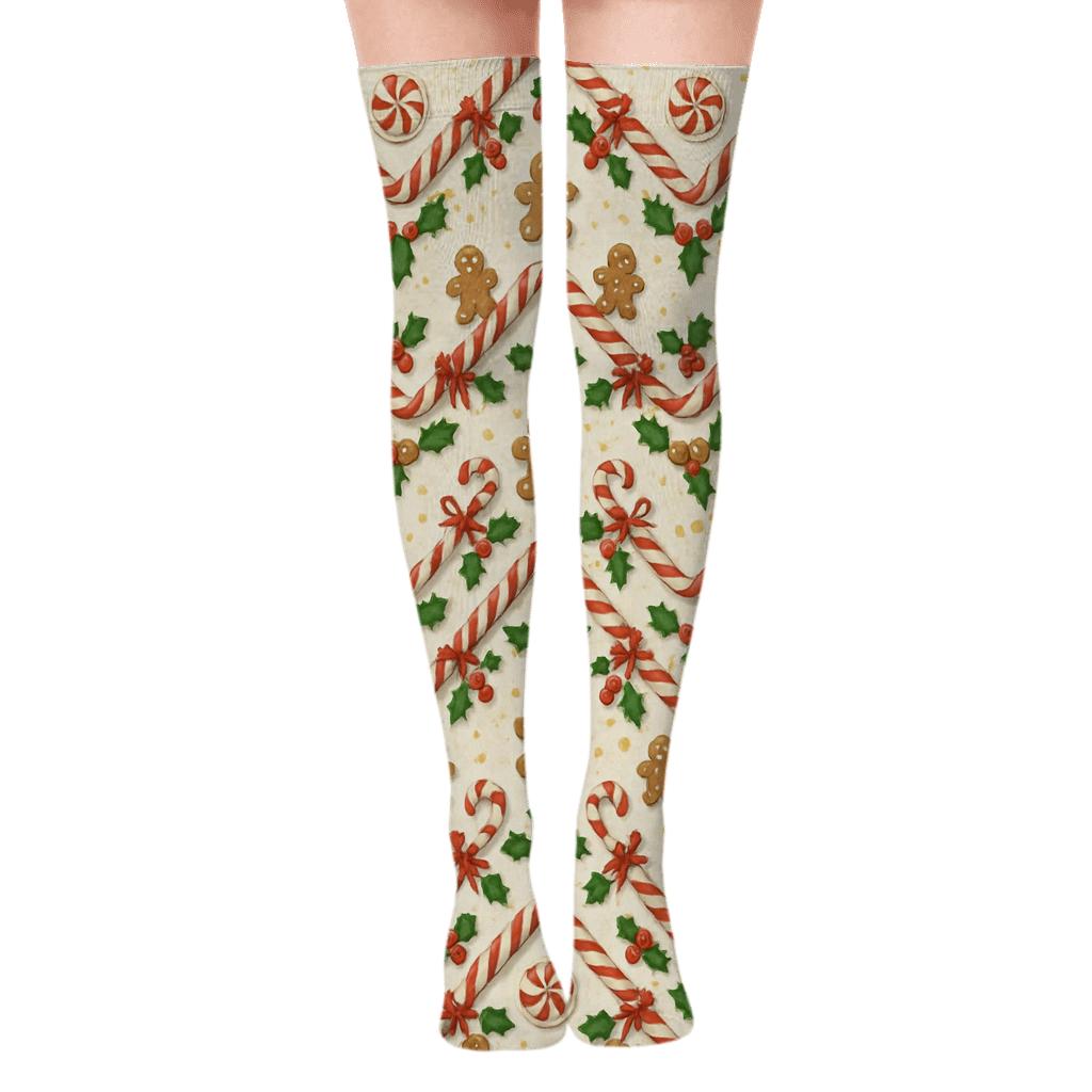 Candy Canes Chevron Garland In Mixed Holiday Metallics unique graphic over-the-knee socks