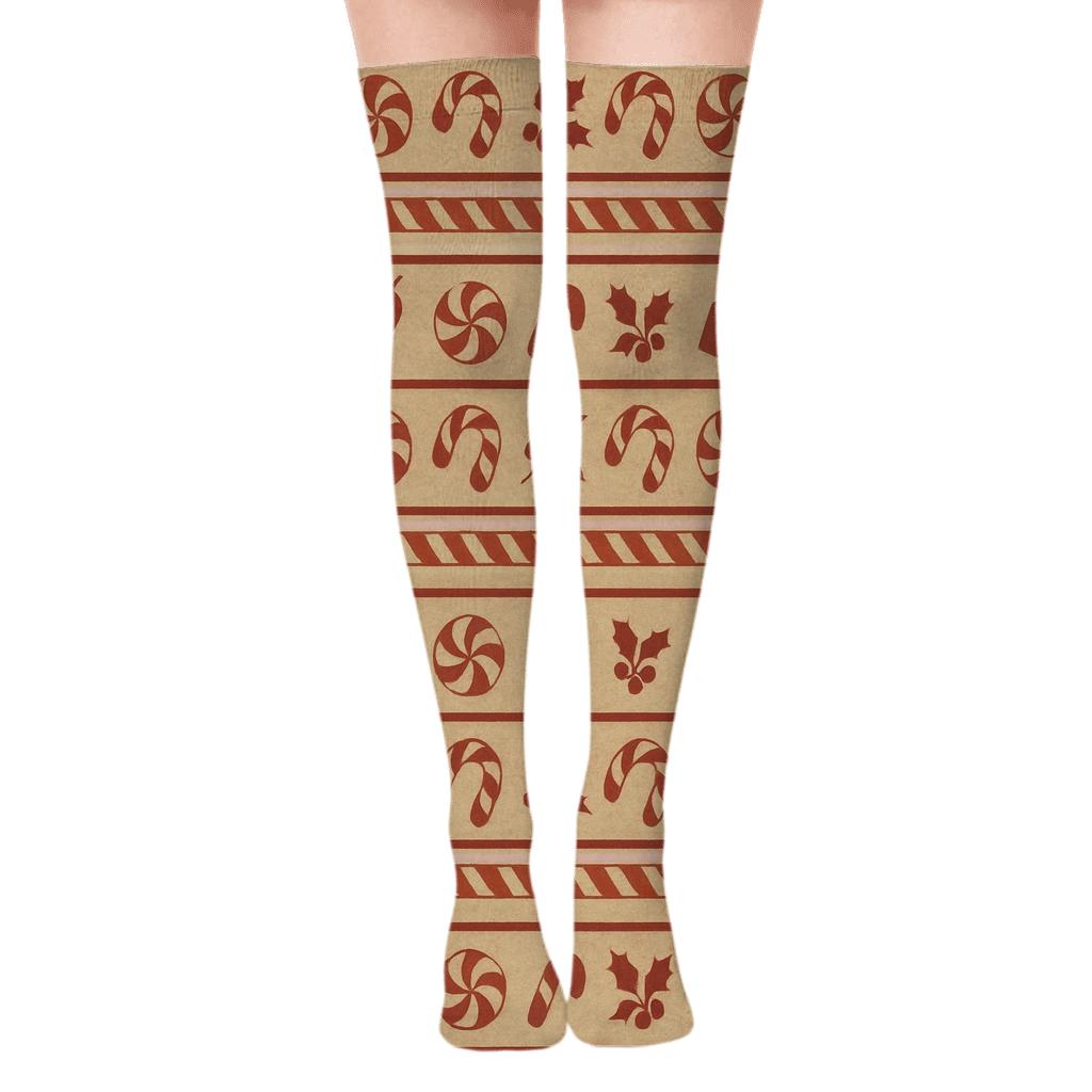 Vintage Poster Candy Canes Border Stripe On Beige unique graphic over-the-knee socks