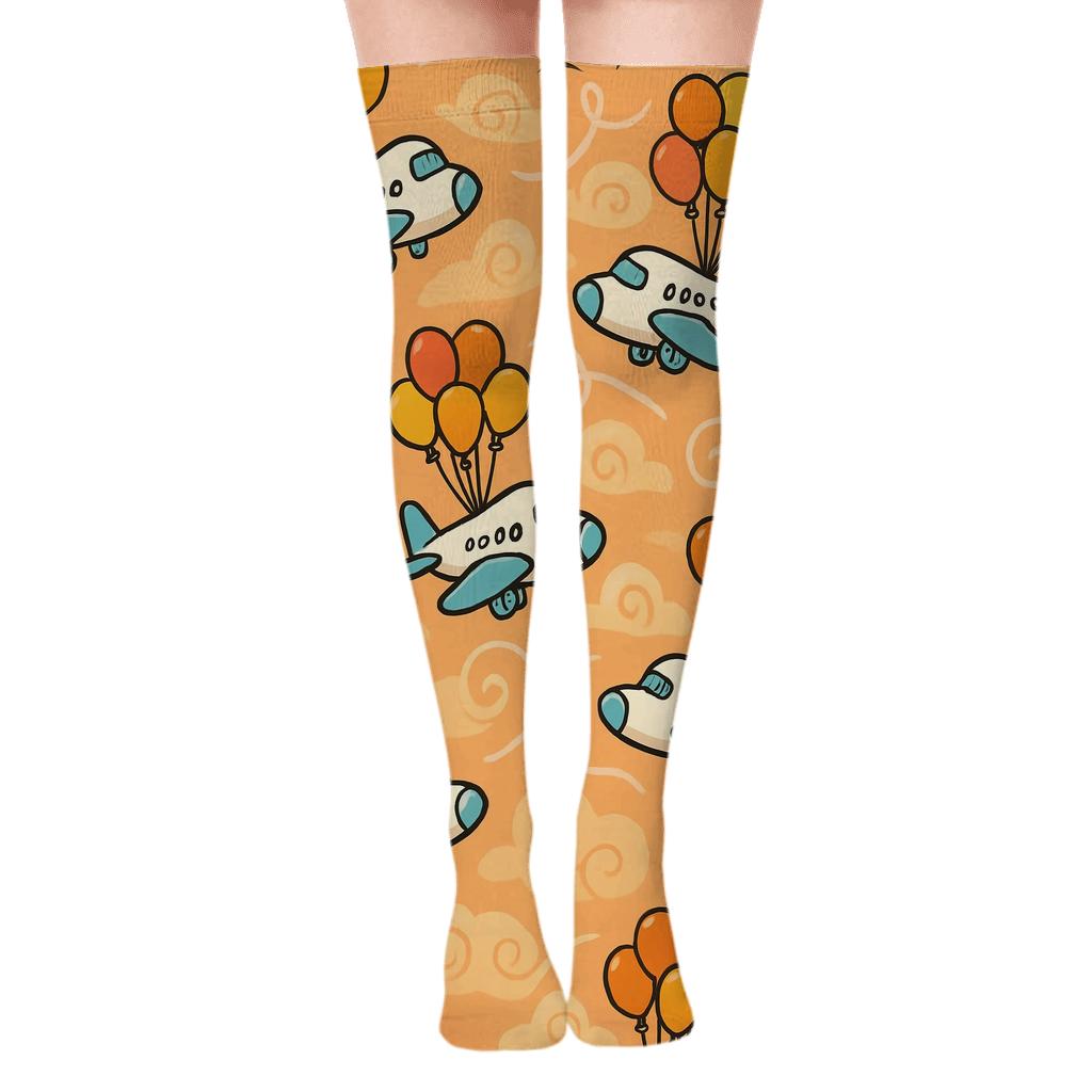 Airplane Balloon Buddy Pattern On Peach Sunset designer print over-the-knee socks