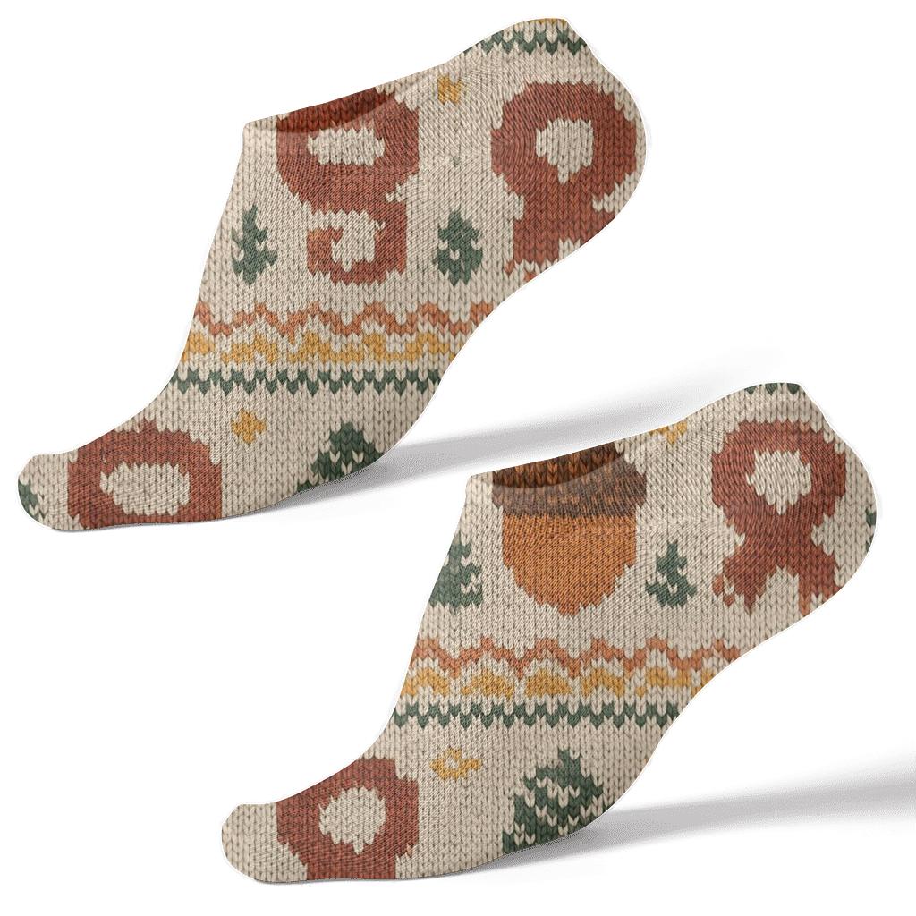 Knitted Acorn And Scarf Fair Isle On Creamy Beige Background unique graphic ankle socks