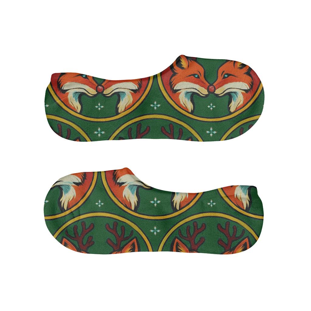 Reindeer Fox Mirrored Duo Medallions On Forest Green Background custom no-show socks