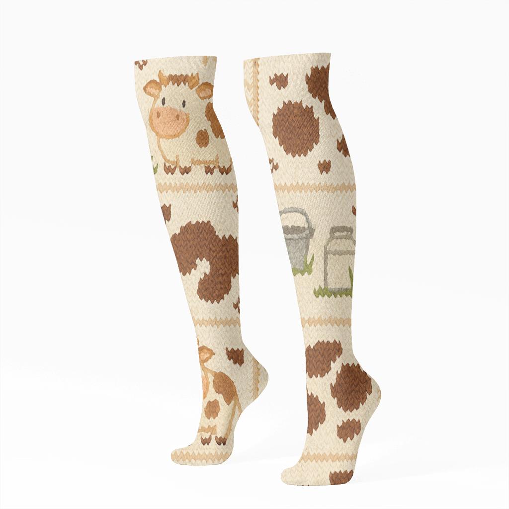 Knitted Meadow Cow Patchwork unique graphic knee-high socks