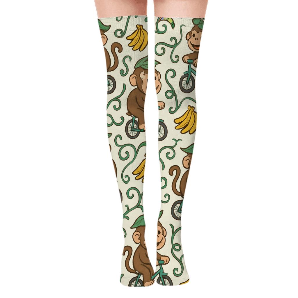 Jungle Bicycle Parade With Ape Motifs unique graphic over-the-knee socks
