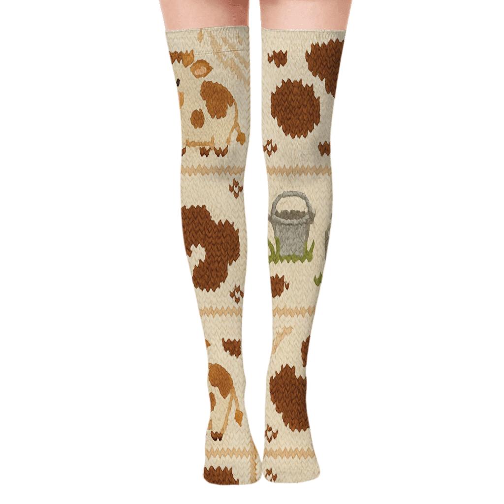 Knitted Meadow Cow Patchwork trendy patterned over-the-knee socks