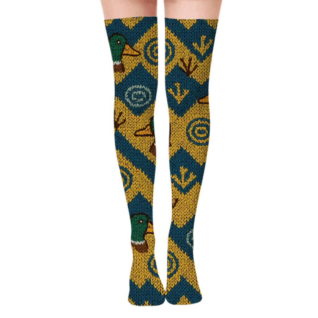 Knitted Duck Ripple Fair Isle unique graphic over-the-knee socks