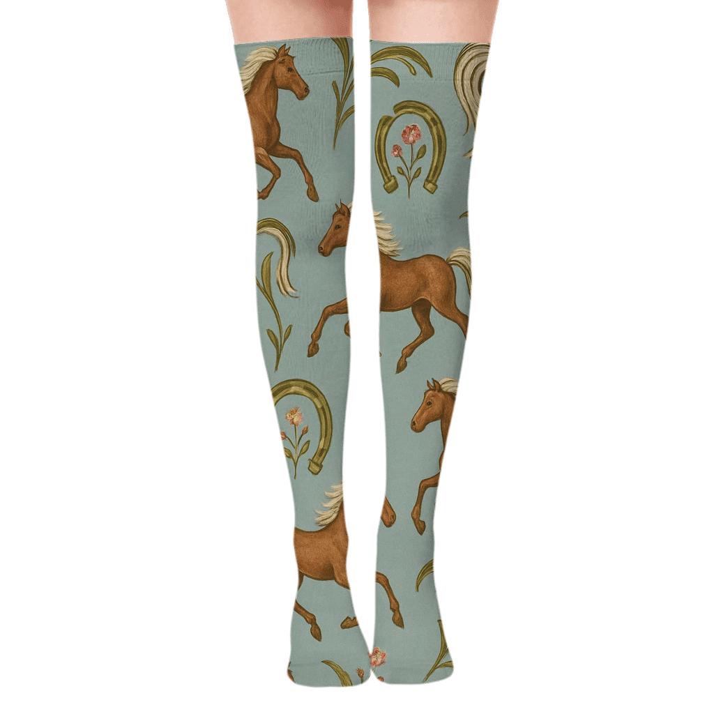 Vintage Naturalist Poster Look, Wildflower Field Pony custom over-the-knee socks