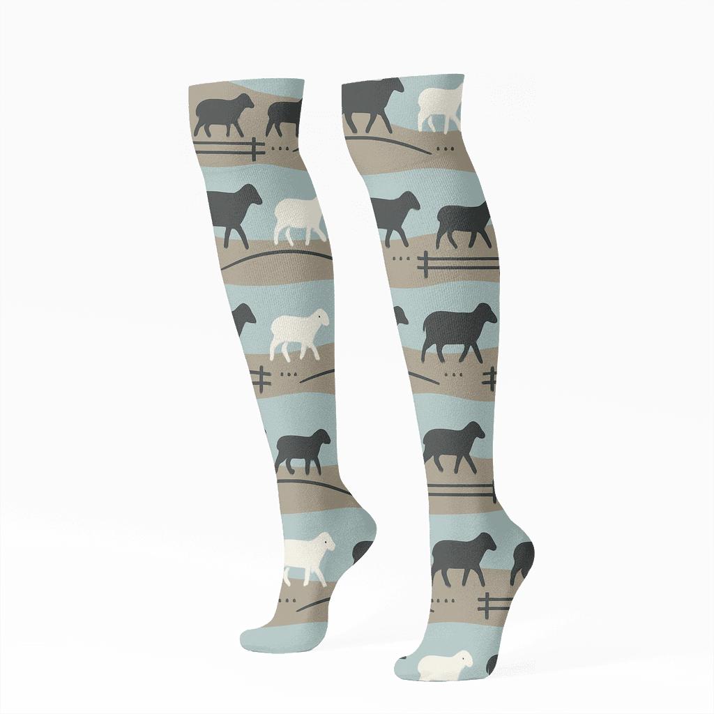 Rolling Hills Band Pattern, Pasture Sheep stylish athletic knee-high socks