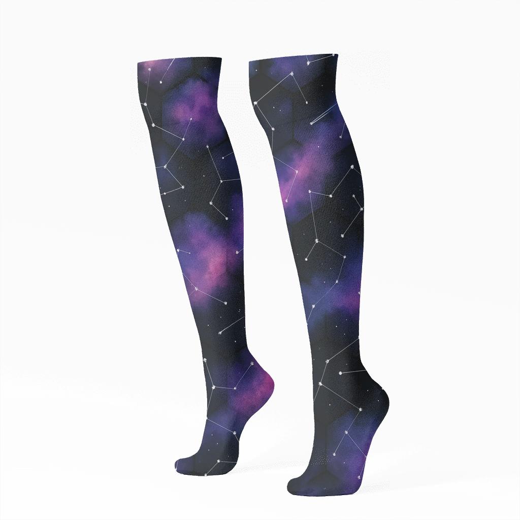 Cosmic Purple Nebula Constellation Grid On Black Background personalized knee-high socks