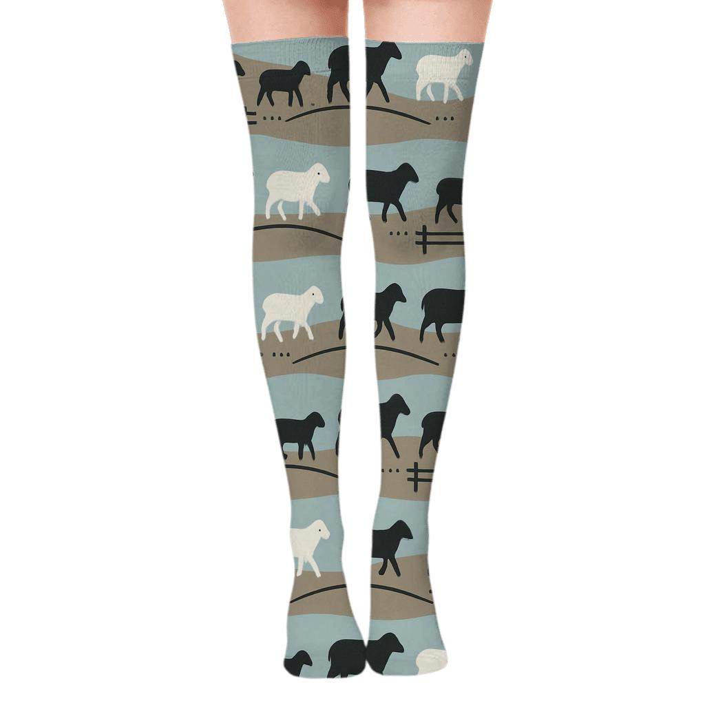 Rolling Hills Band Pattern, Pasture Sheep unique graphic over-the-knee socks