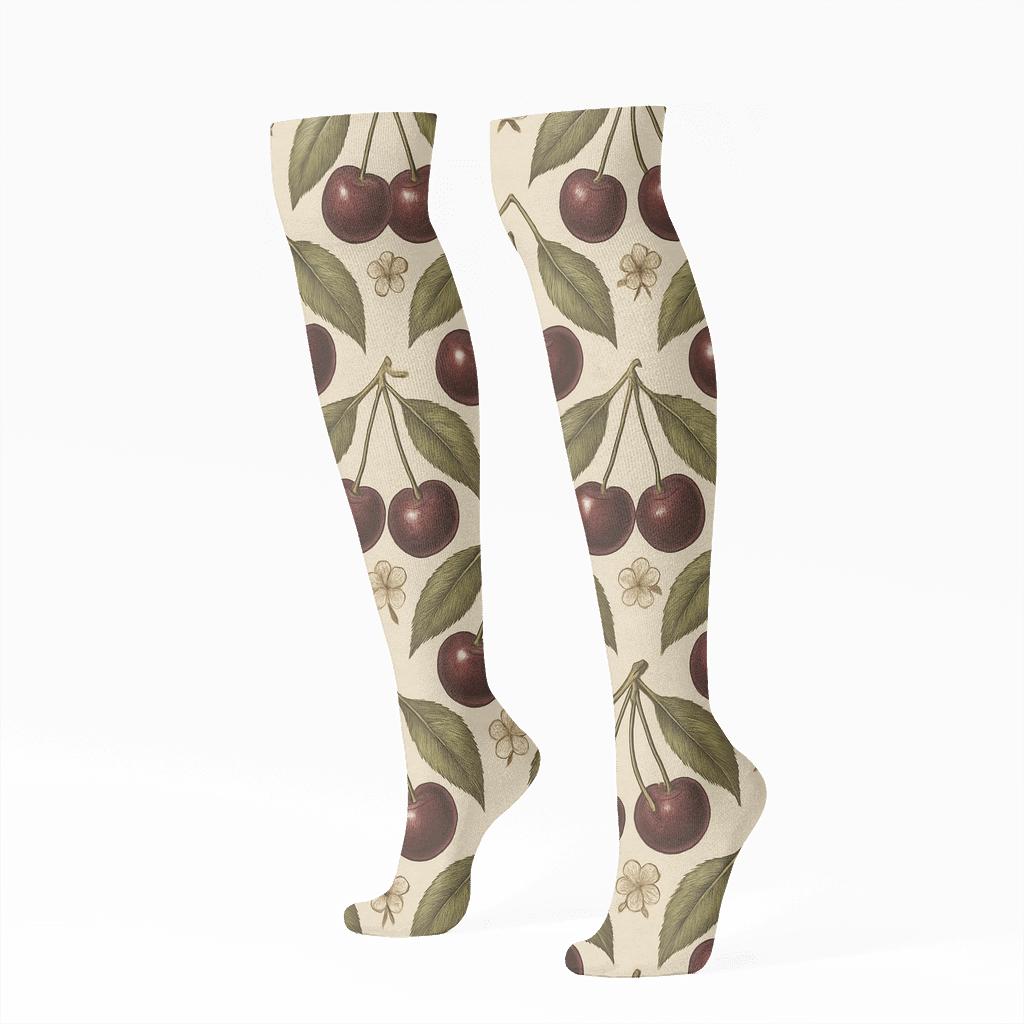 Vintage Botanical Poster Look With Cherry Orchard Tiles stylish athletic knee-high socks