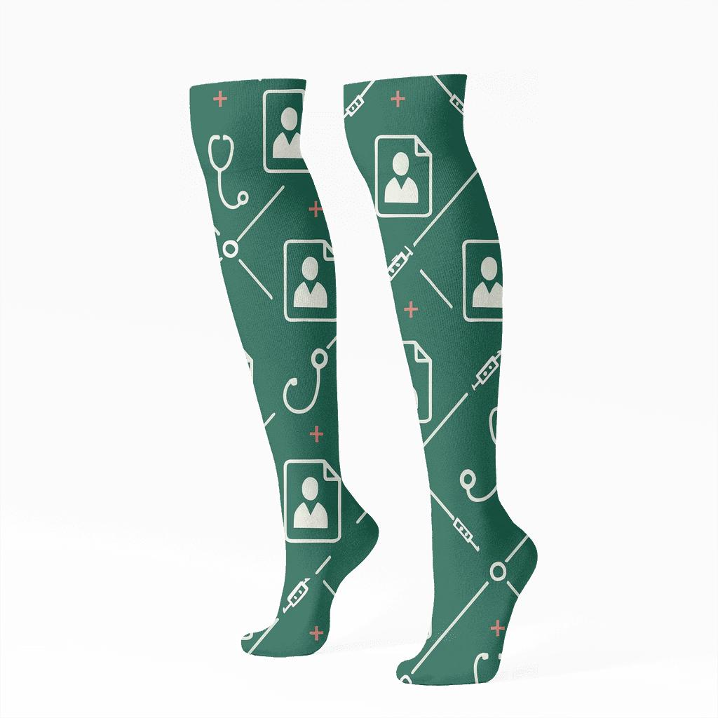 Medical Chart Lattice With Doctor Silhouettes trendy patterned knee-high socks