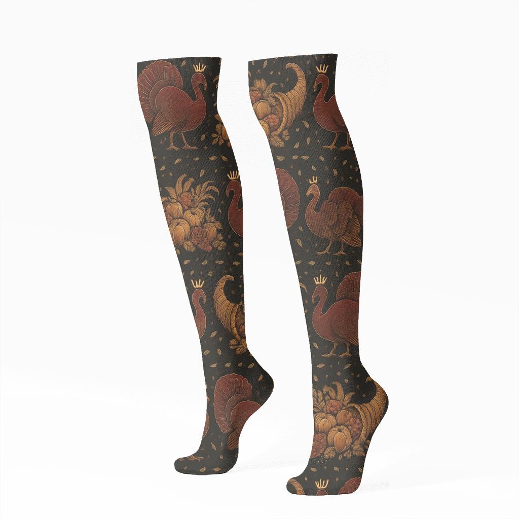 Harvest Pattern Bands With Turkey Crowns designer print knee-high socks
