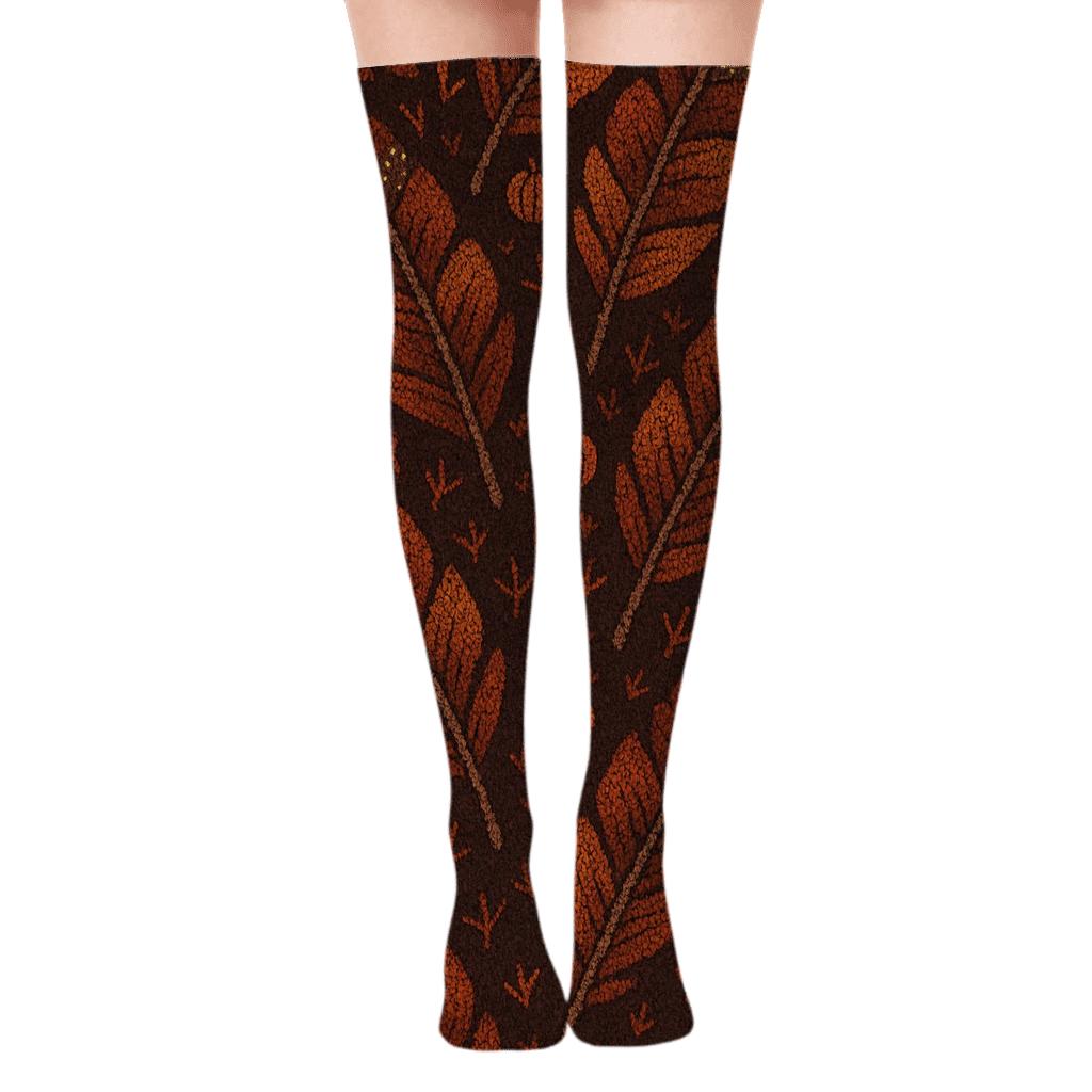 Turkey Feather Lattice On Chestnut Ground custom over-the-knee socks