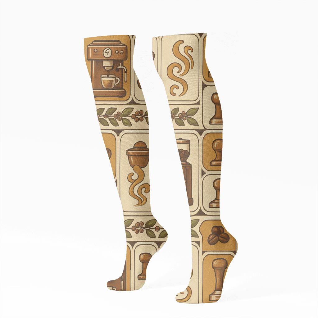 Cafe Collage Pattern With Barista Tools comfortable cotton knee-high socks
