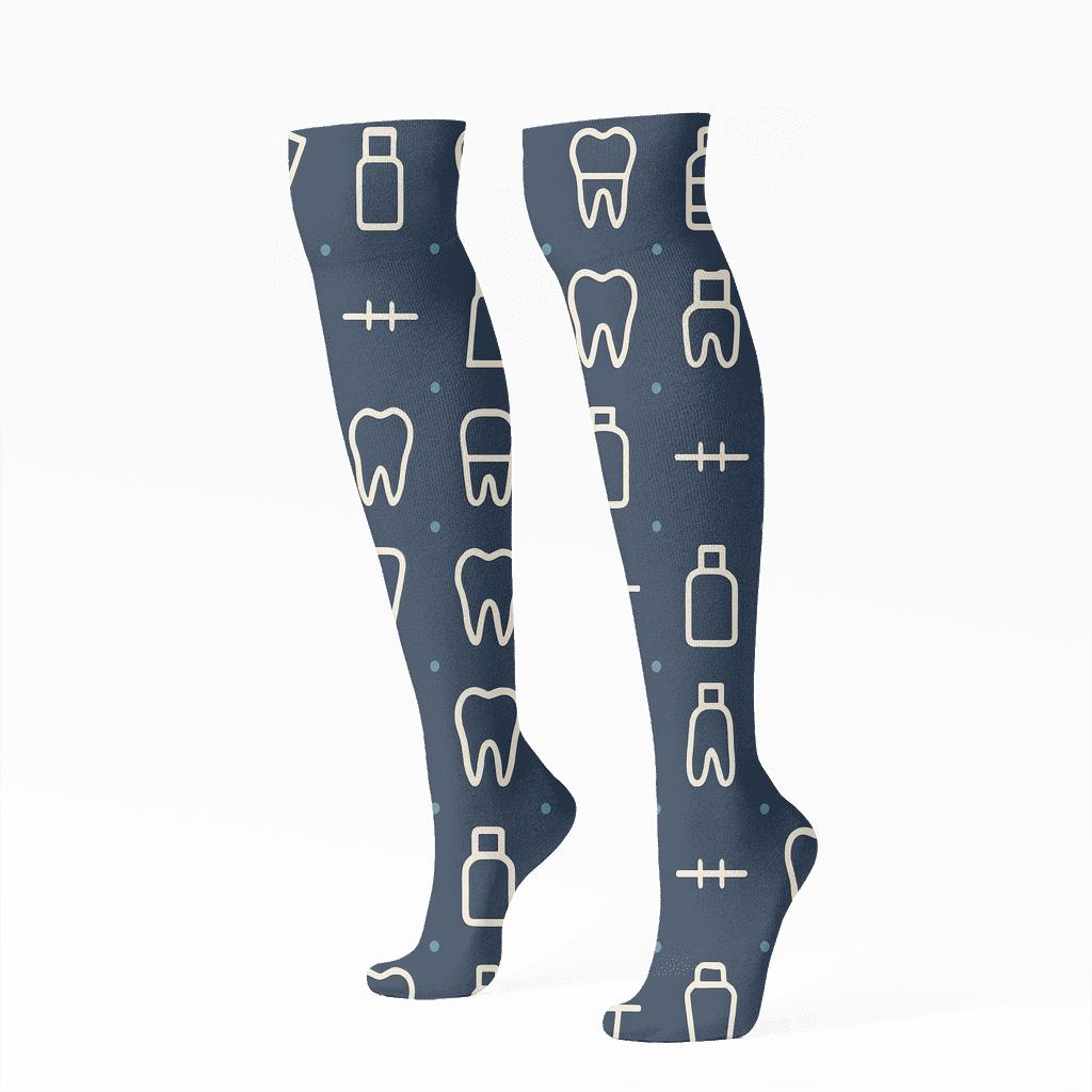 Tooth Silhouette Grid With Dentist Charms custom knee-high socks