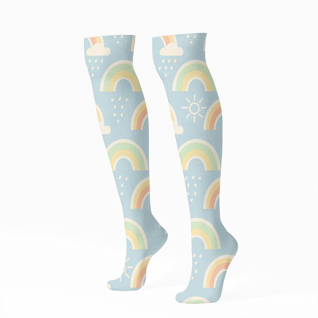 Minimal Rainbow Sunbeam Diagonal Repeat On Sky Blue premium sports knee-high socks