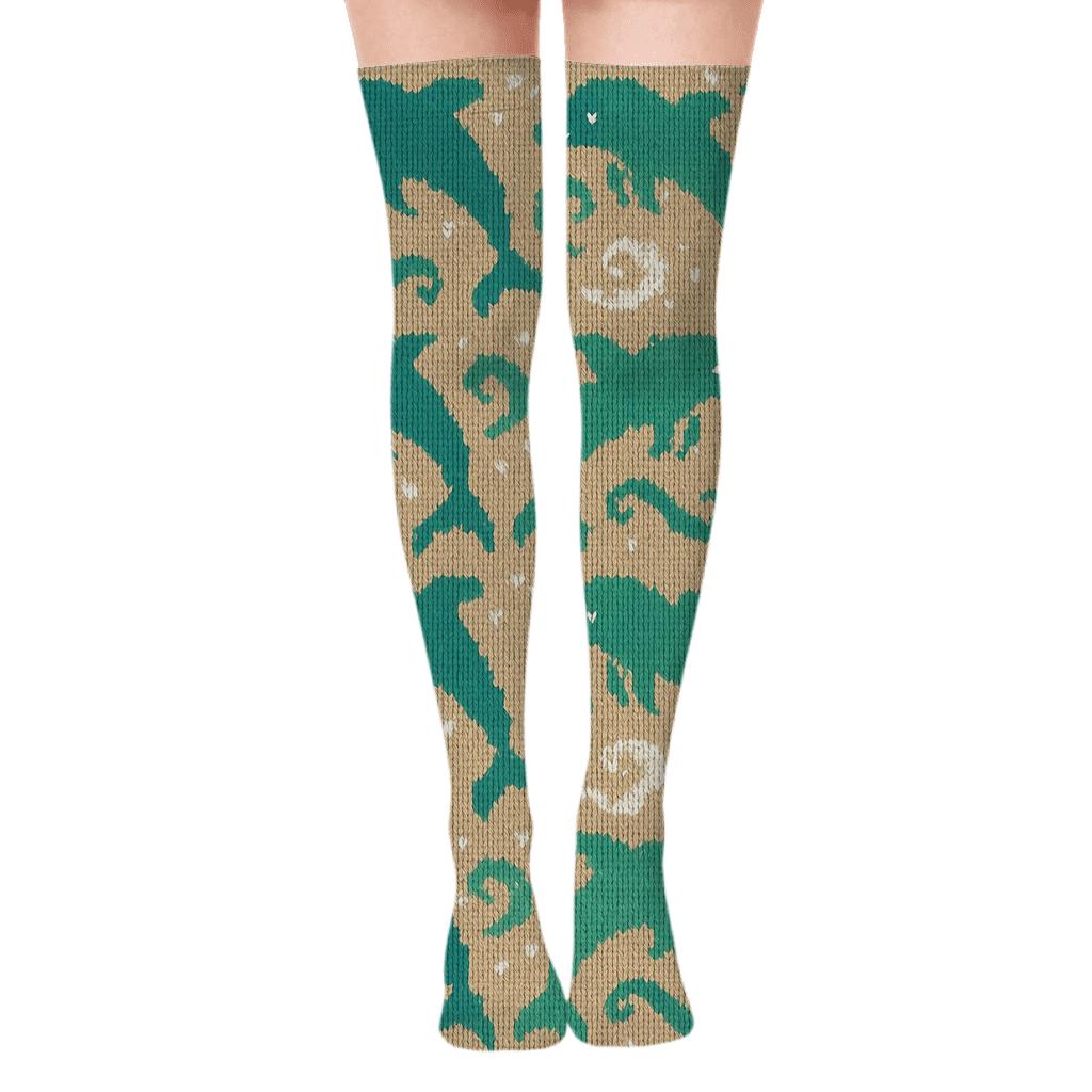Knitted Pattern Illusion With Dolphin Pods premium cozy over-the-knee socks