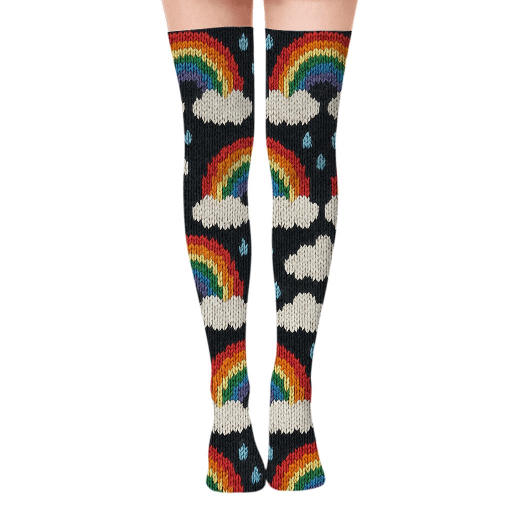 Knitted Rainbow Arc Lattice With Cloud Edge Bands comfortable cotton over-the-knee socks