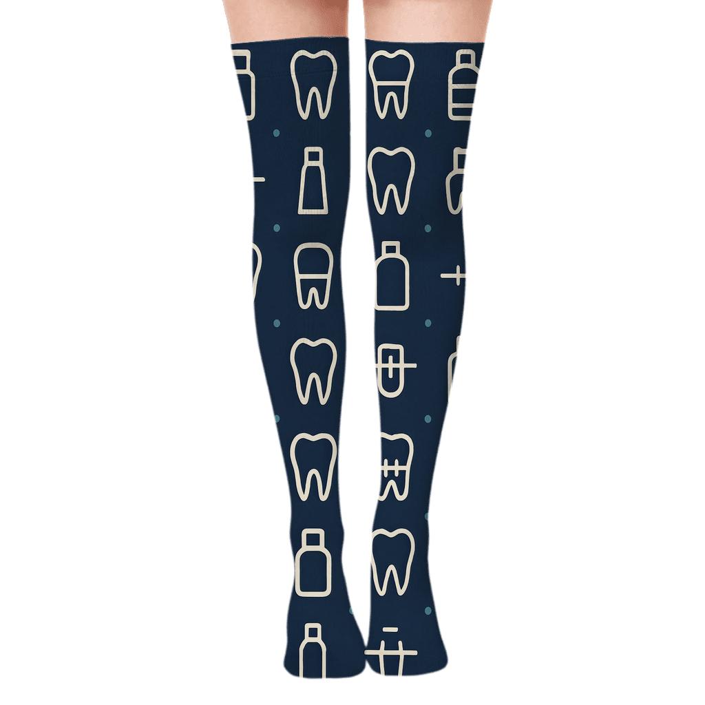 Tooth Silhouette Grid With Dentist Charms premium cozy over-the-knee socks
