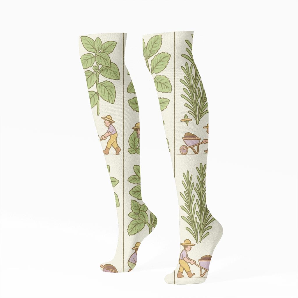 Herb Labels With Gardener Scenes custom knee-high socks