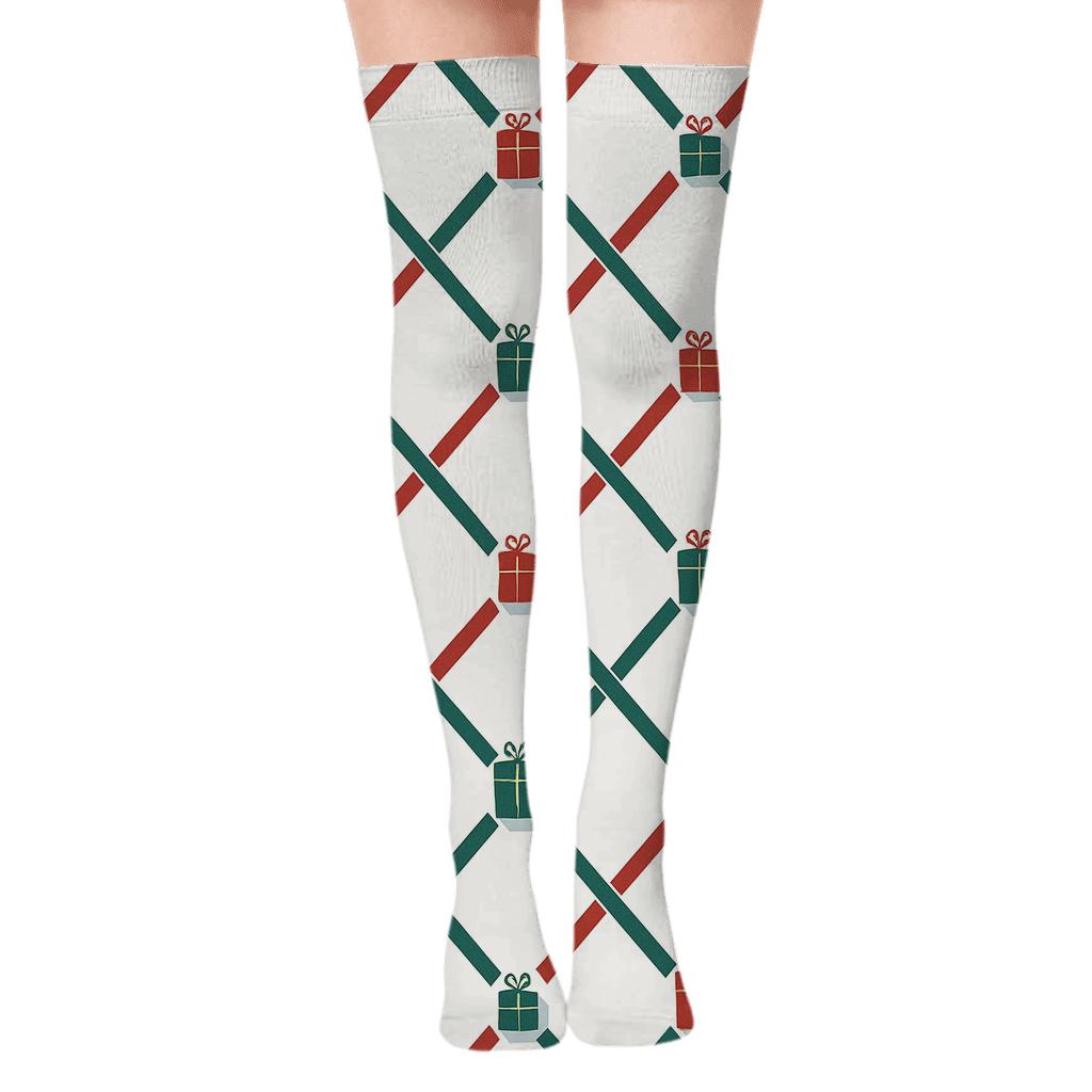 Ribbon Stripe Lattice With Presents premium cozy over-the-knee socks