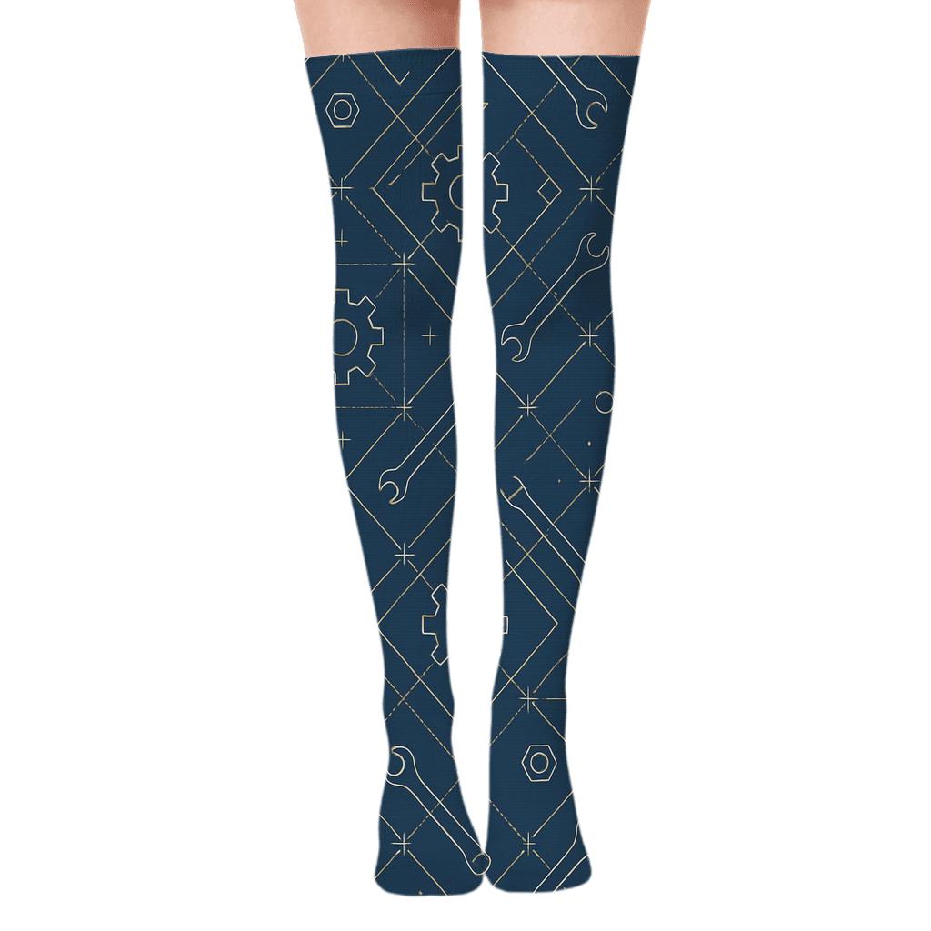 Blueprint Lattice With Mechanic Tools unique graphic over-the-knee socks