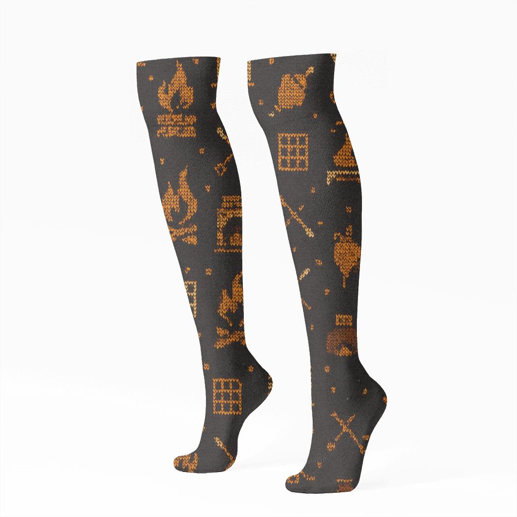 Knitted Hearth Icons In Fireplace Warmth designer print knee-high socks