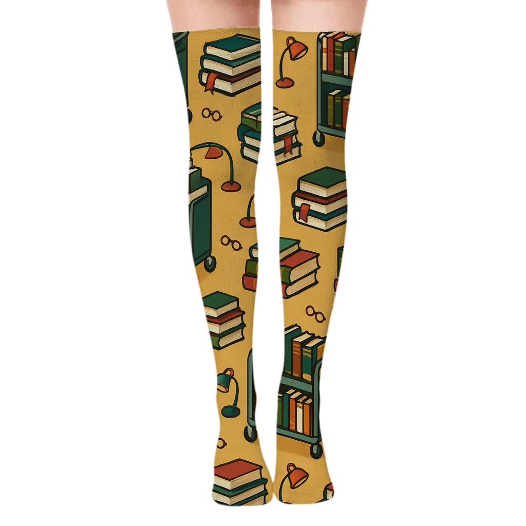 Book Cart Wave With Librarian Charm soft everyday over-the-knee socks