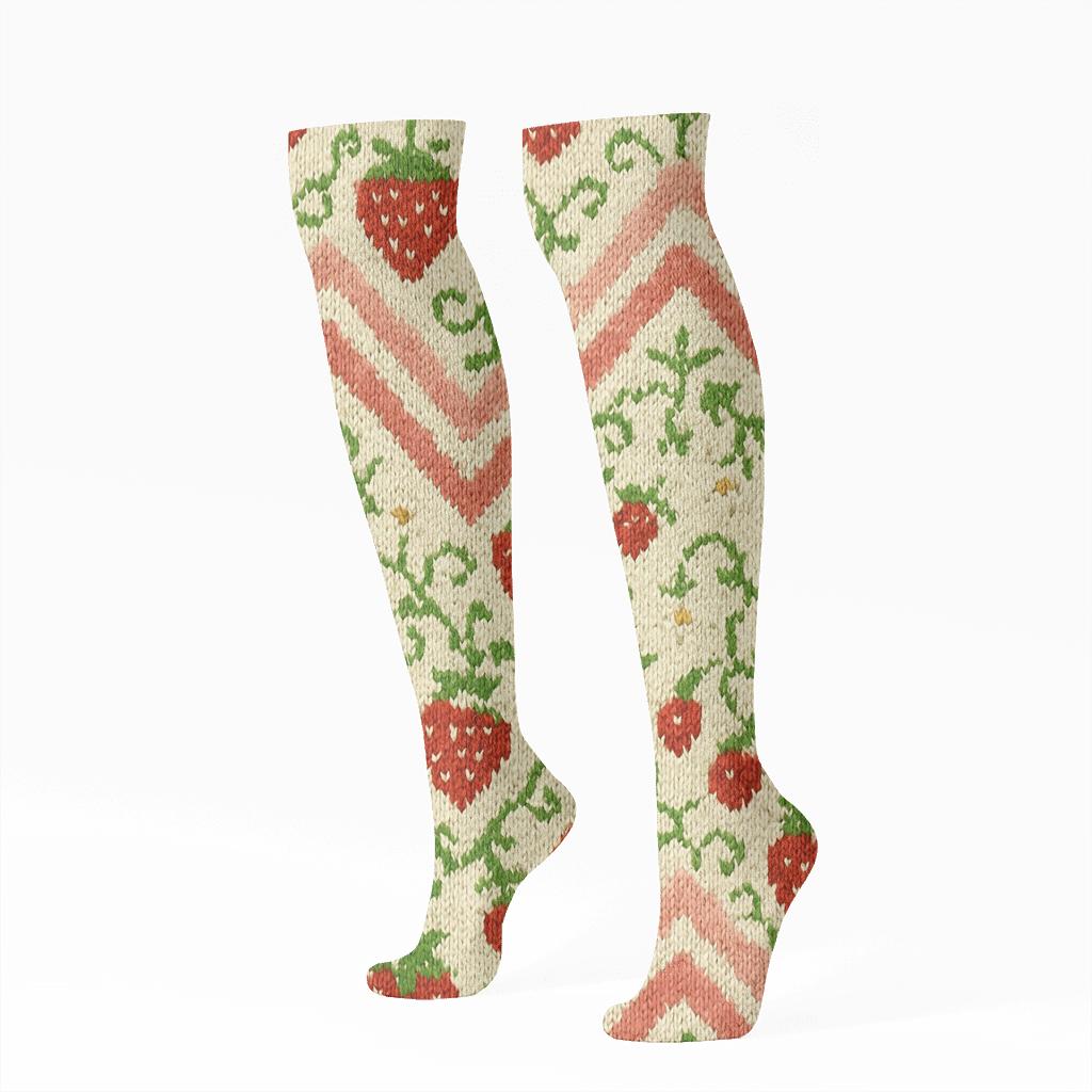 Knitted Strawberry Seed Chevron On Cream Background trendy patterned knee-high socks