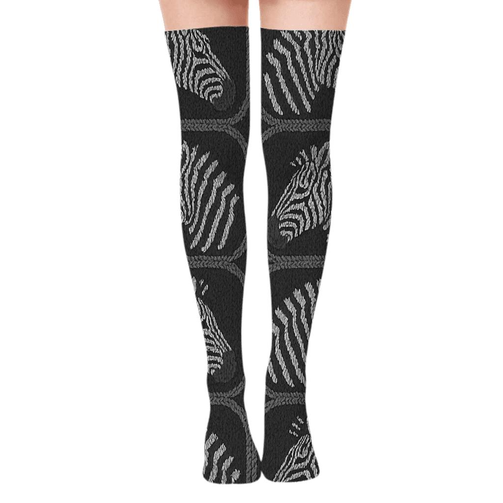 Soft Grayscale Knitted Zebra Stripe Lattice On Charcoal stylish fashion over-the-knee socks