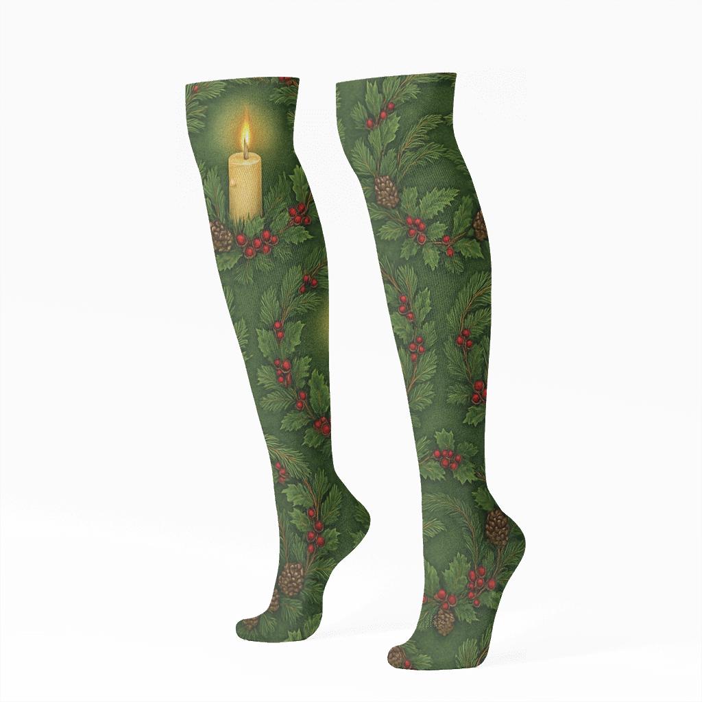 Botanical Collage Rings With Advent Wreath designer print knee-high socks