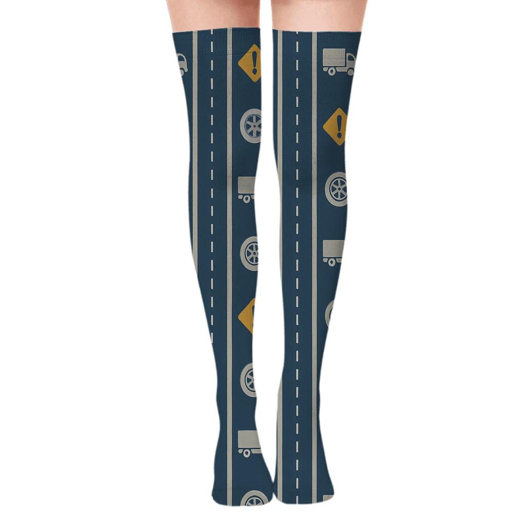 Road Stripe Lattice With Truck Driver Icons premium cozy over-the-knee socks