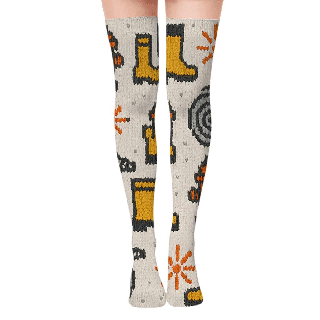 Knitted Illusion Hydrant Grid, Fire Fighter Edition designer print over-the-knee socks