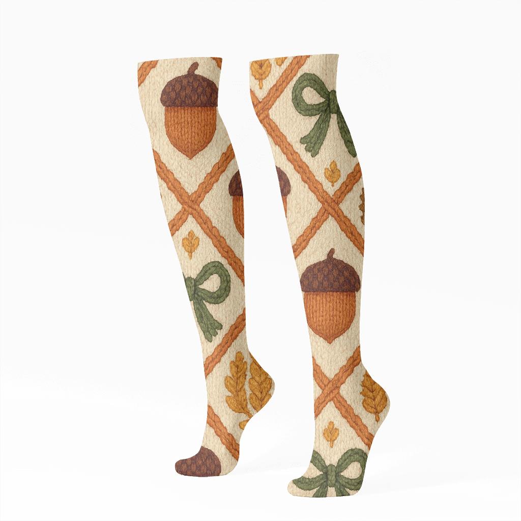Knitted Acorn And Scarf Cable Lattice On Creamy Beige Background trendy patterned knee-high socks