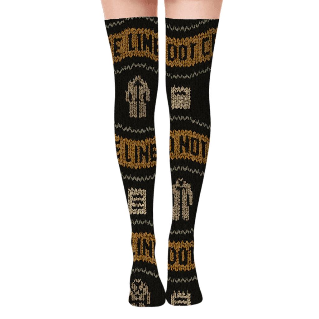 Police Detective Crime Tape Wave Knit Illusion trendy patterned over-the-knee socks