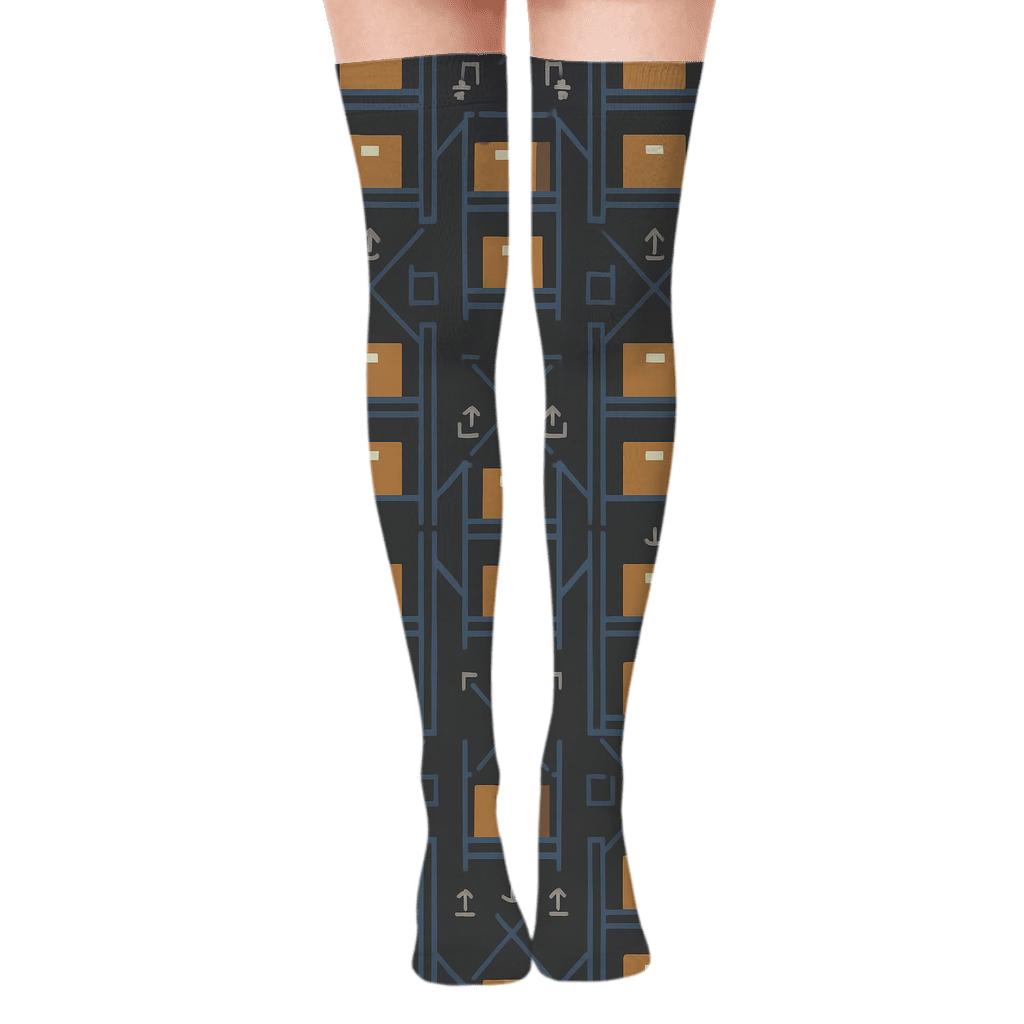 Warehouse Worker Shelf Lattice Blueprint Print designer print over-the-knee socks