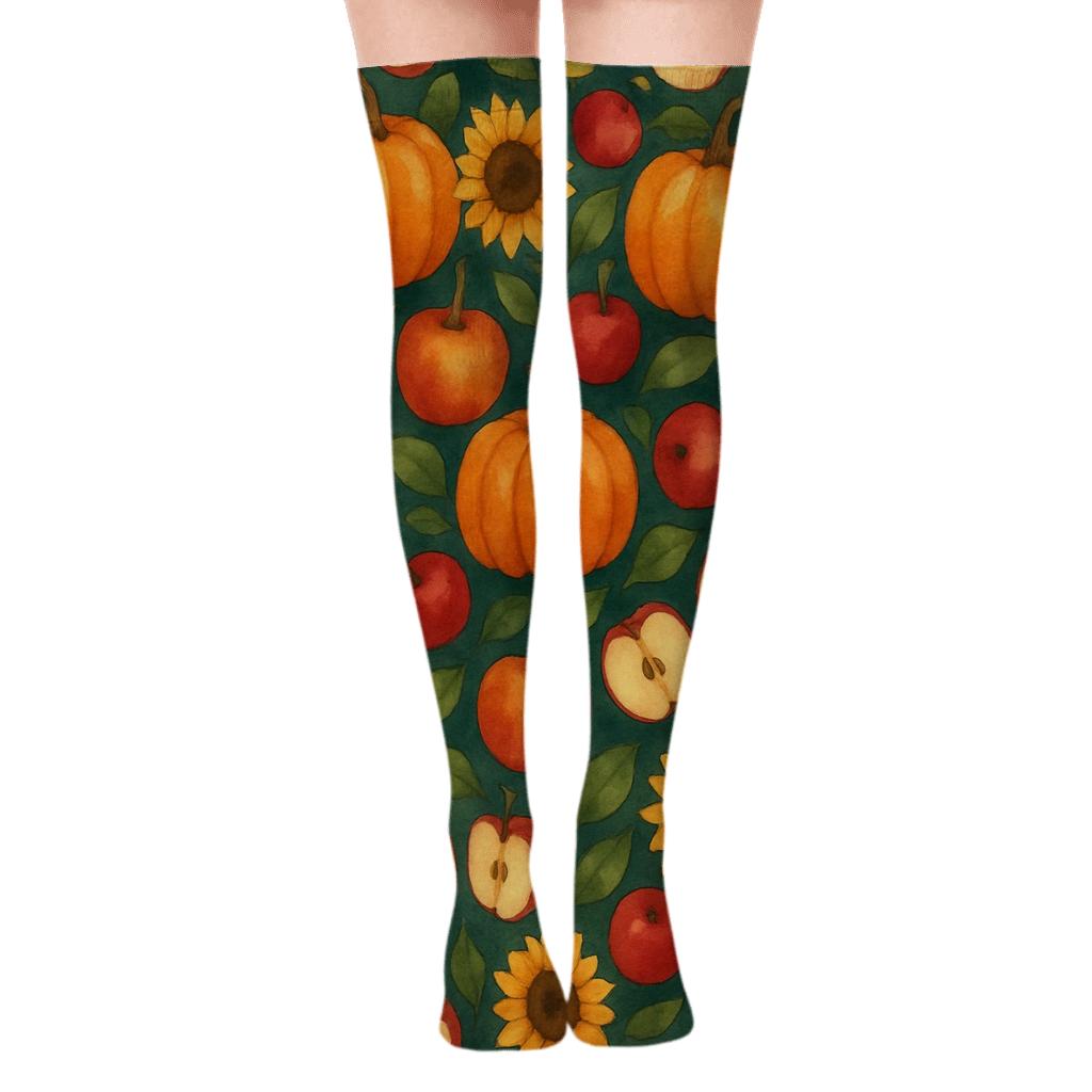 Watercolor Pumpkin Patch Mirror Repeat On Deep Teal Background designer print over-the-knee socks
