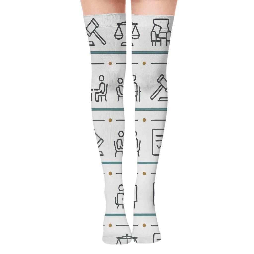 Courtroom Stripe Pattern With Probation Officer Icons premium cozy over-the-knee socks