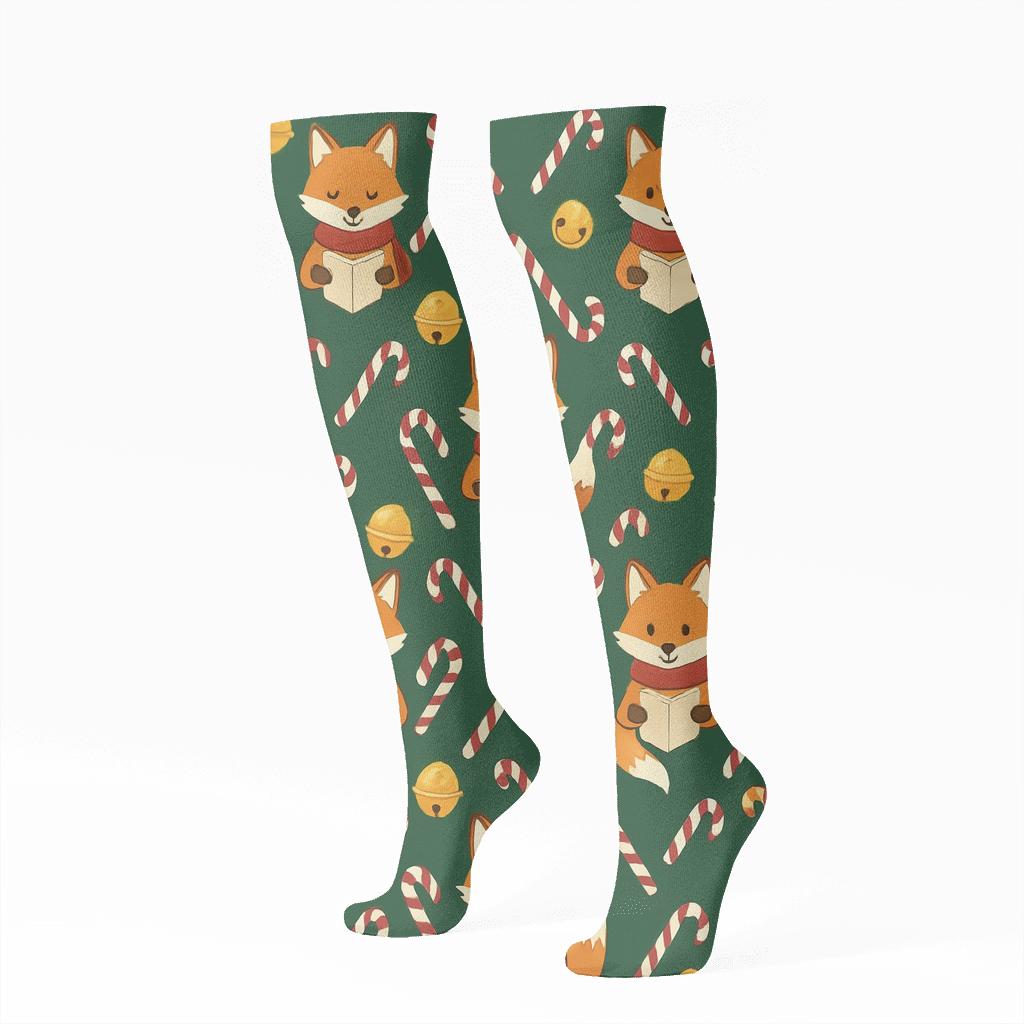 Cranberry Fox Carolers Chevron On Pine Green Background comfortable cotton knee-high socks