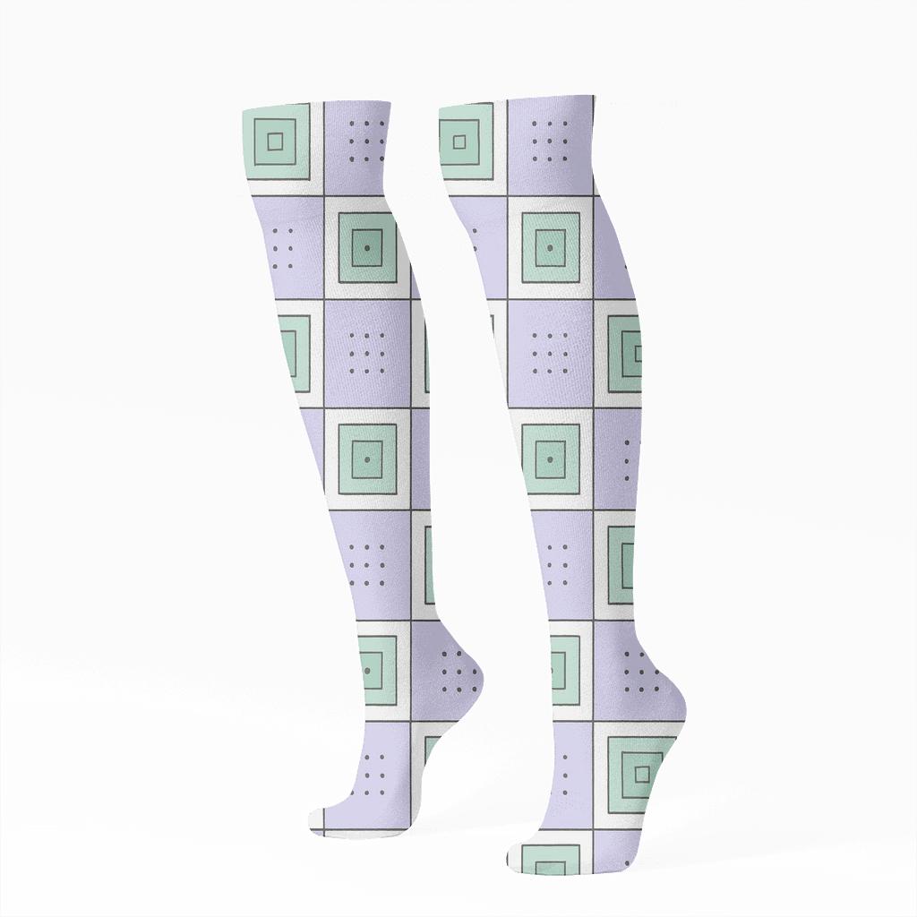 Pastel Mint And Lavender Nested Progressive Checks With Concentric Square Insets trendy patterned knee-high socks