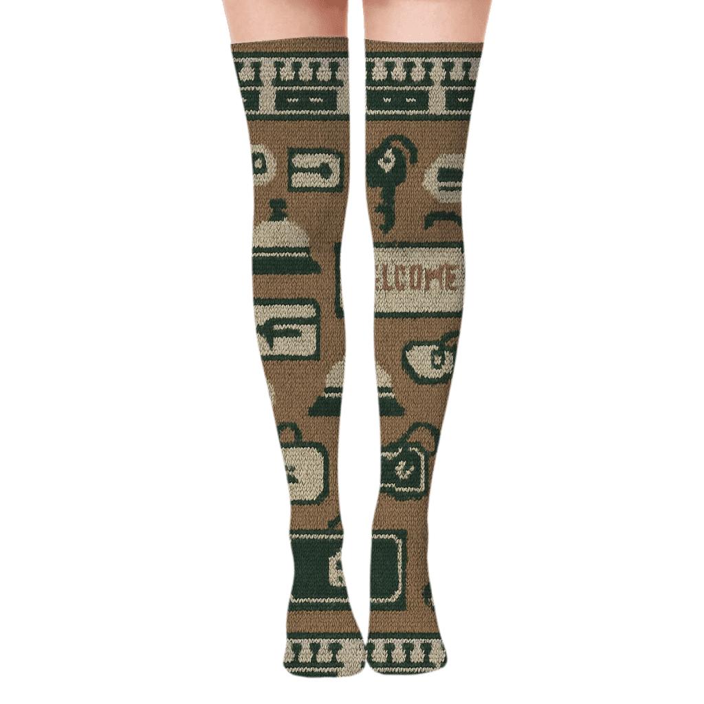 Hotel Receptionist Knit Illusion Key And Bell Tapestry stylish fashion over-the-knee socks