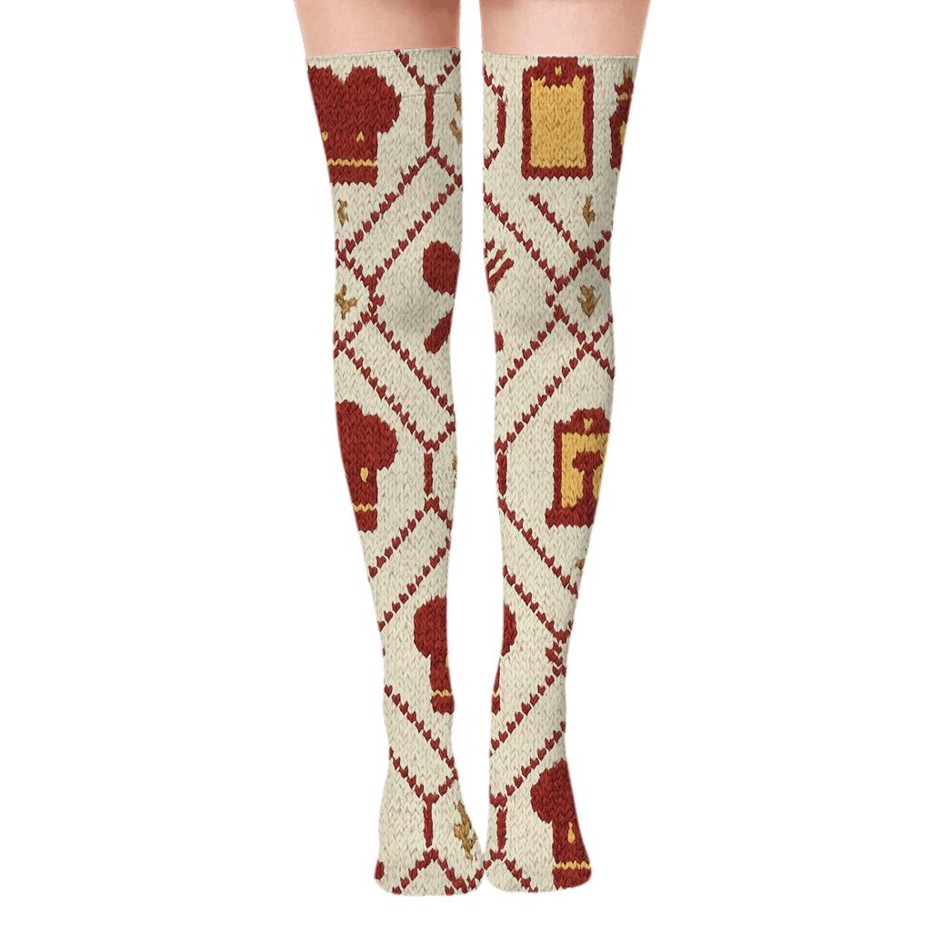 Restaurant Manager Knitted Illusion Cutlery Lattice designer print over-the-knee socks