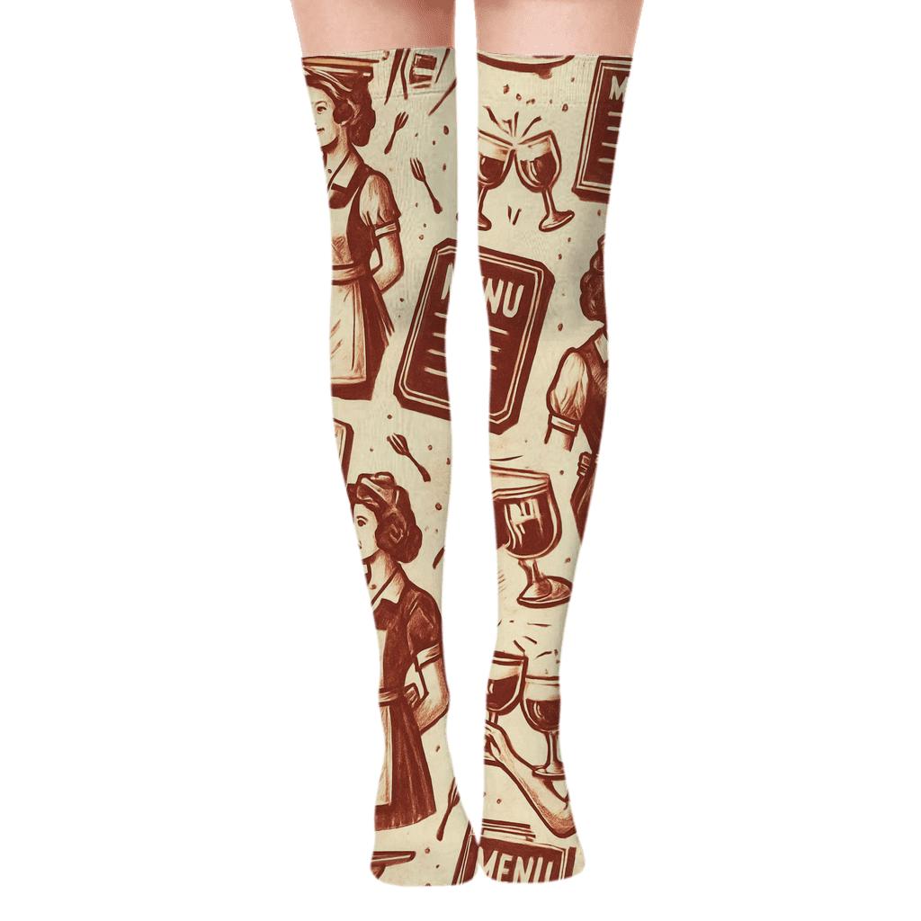 Culinary Collage Waitress Tiling In Cherry Red designer print over-the-knee socks