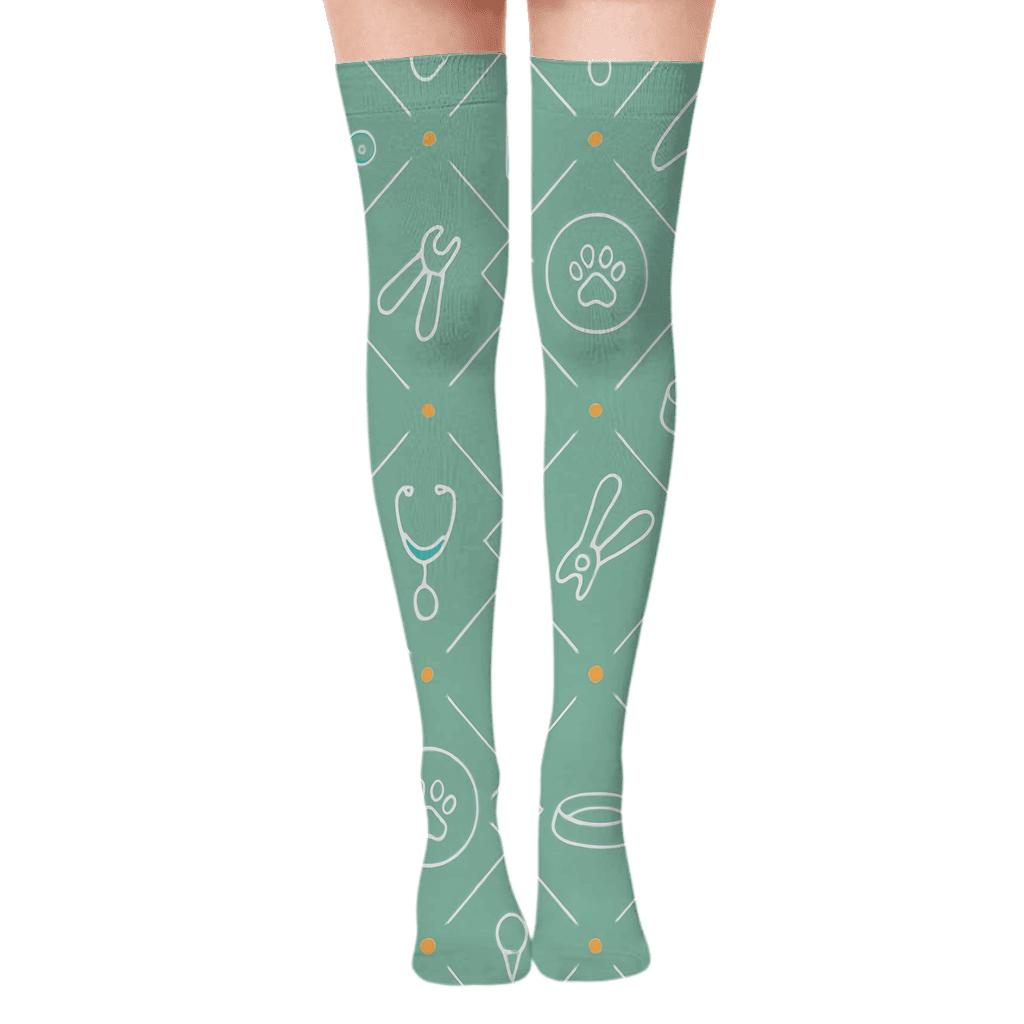 Mirrored Veterinary Technician Tool Lattice On Soft Green soft everyday over-the-knee socks