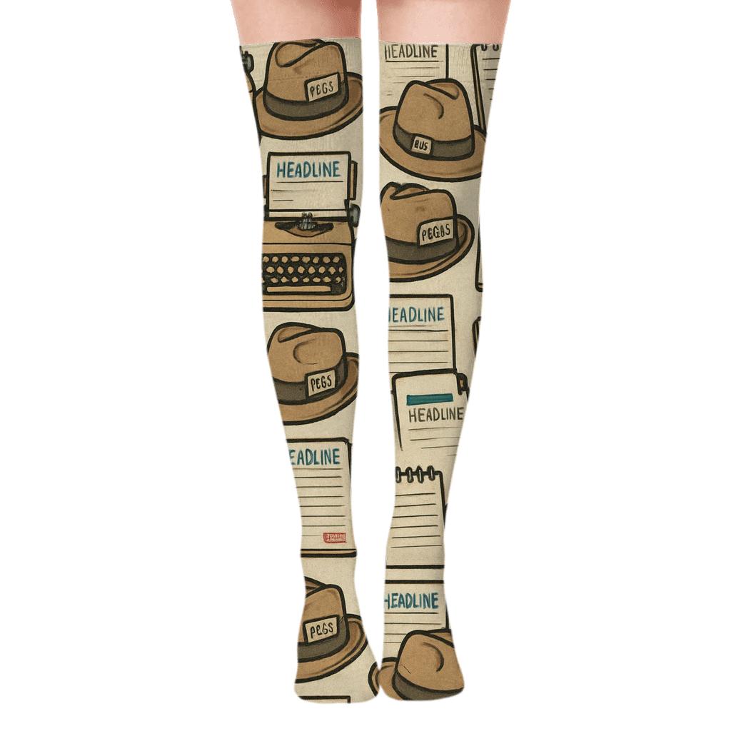 Vintage Newsprint Poster Look Journalist Lattice trendy patterned over-the-knee socks
