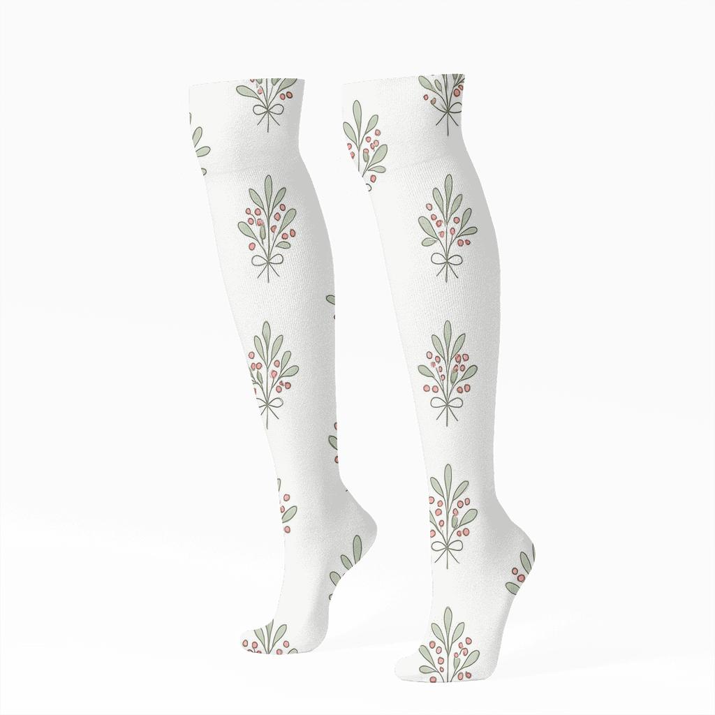 Mistletoe Line Bouquet Grid On Snow White Background premium sports knee-high socks