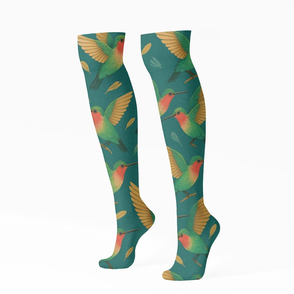 Hummingbird Wingbeat Diamond Tiles On Teal Background custom knee-high socks