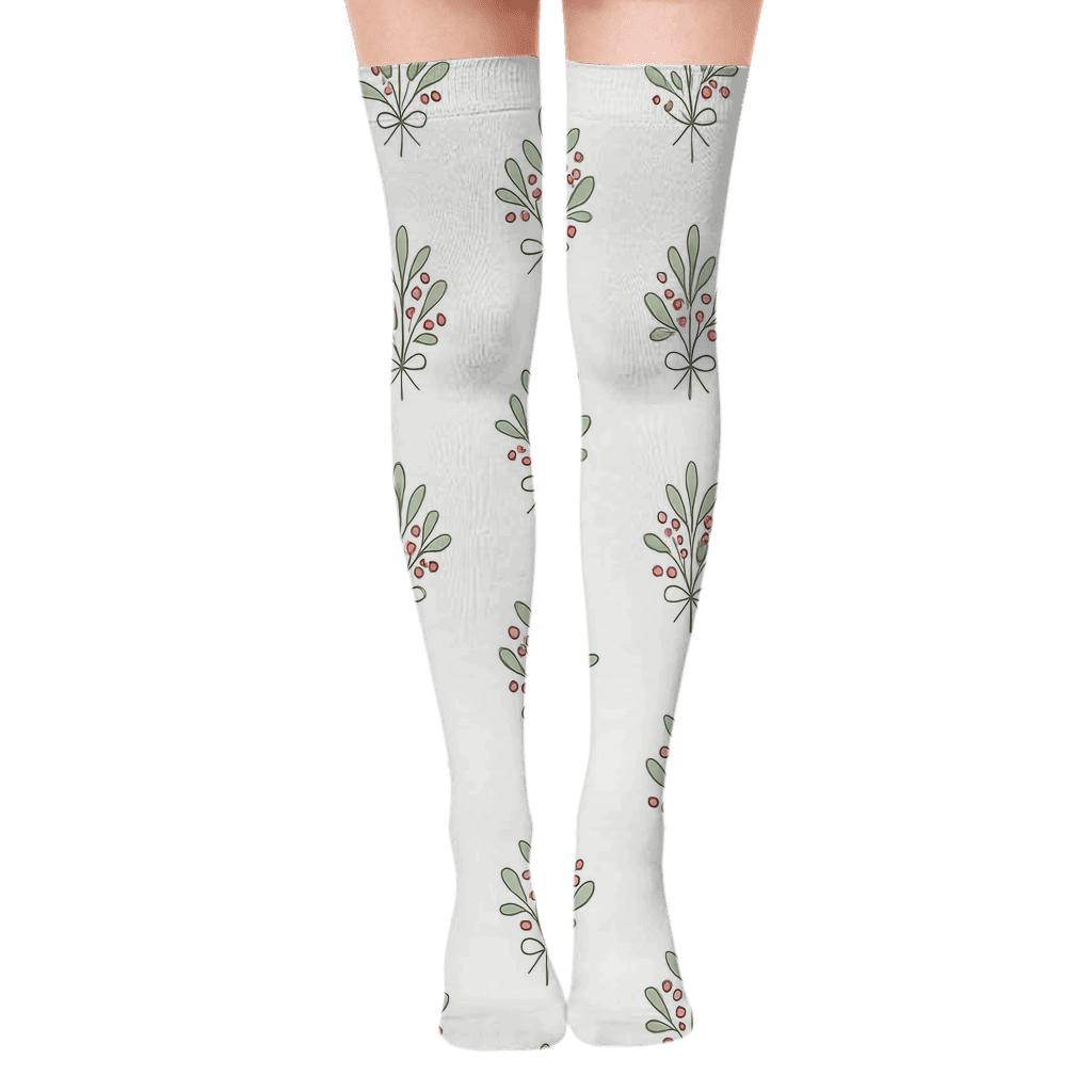 Mistletoe Line Bouquet Grid On Snow White Background soft everyday over-the-knee socks